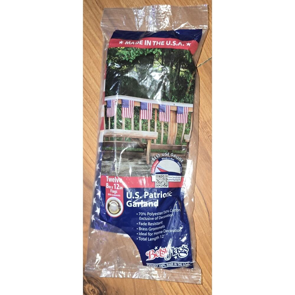 Betsy Flags 12 Piece U.S. Patriotic Garland 8 in x 12 in Flags Made in U.S.A